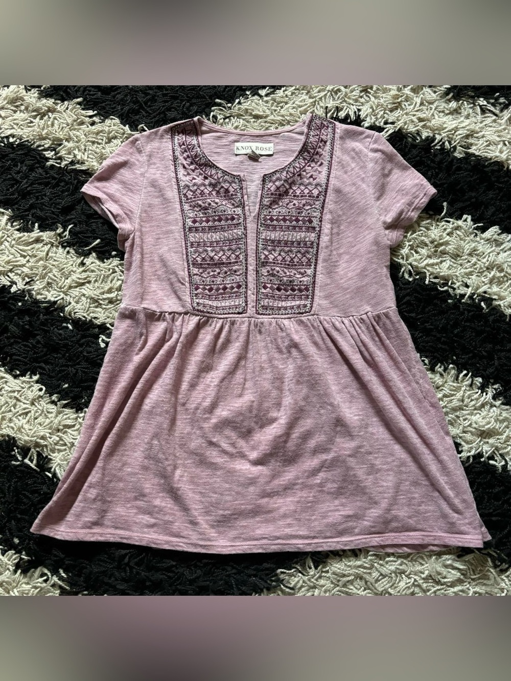 Knox Rose Coquette Light Pink Purple Heather Multicolor Embroidered Babydoll Top